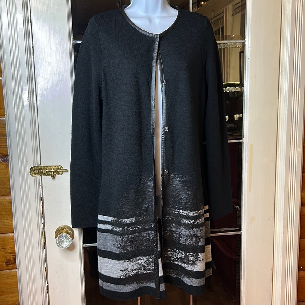 Lauren Vidal Black Long Knit Cardigan Made in Italy Virgin Wool Blend Small